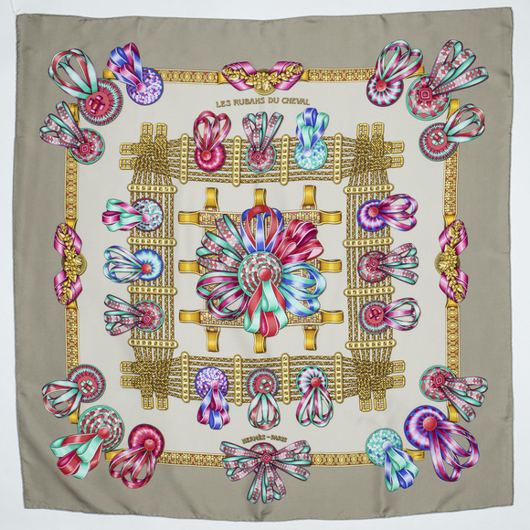 Hermes Scarf in Gray/Green/Pink 100% Twill Silk - Picture 2 of 3